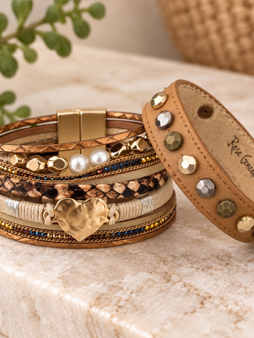 Y2K Boho Faux Leather Bracelet Set – Mixed Metal & Heart